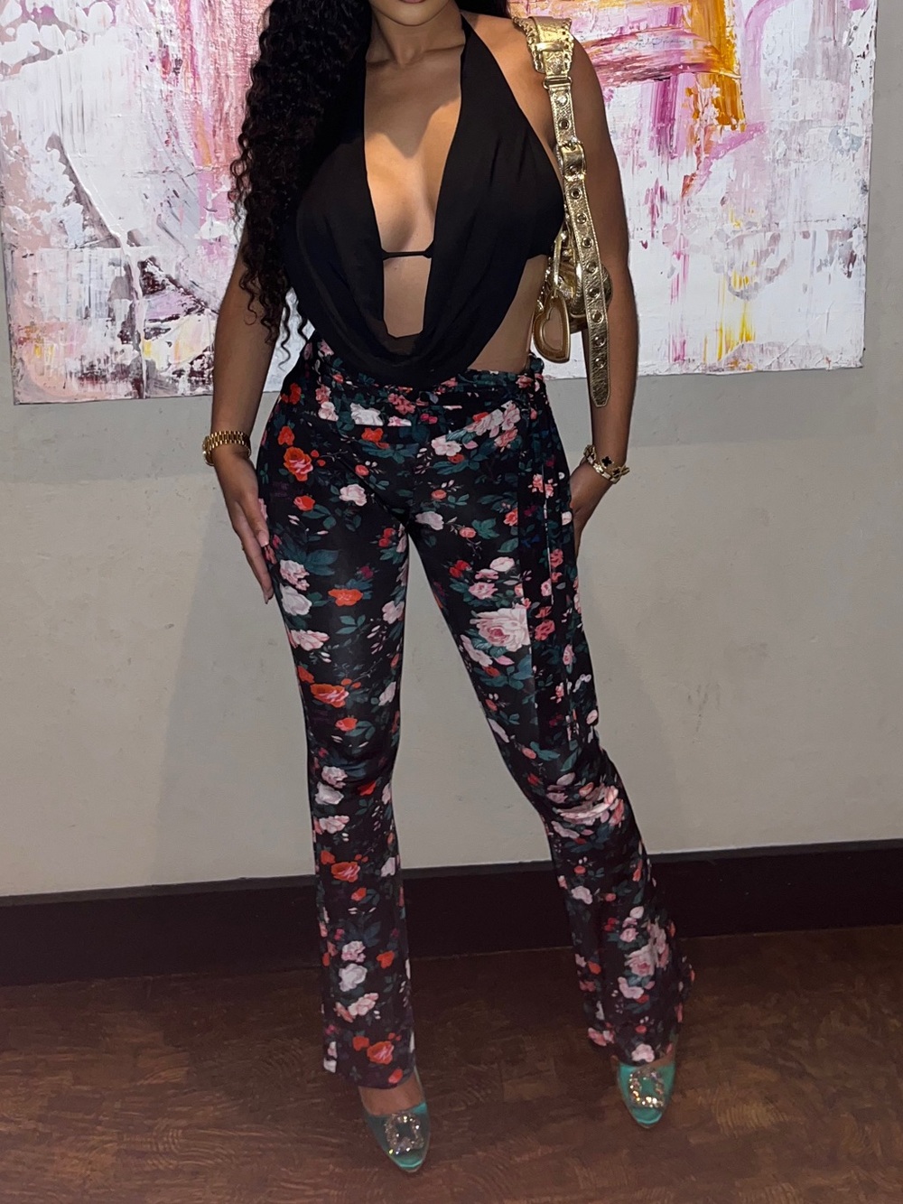 Paco Rabanne Black Floral Boot Cut Pants with Red & Pink Accents